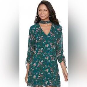 Speechless Tunic Forest Green Floral dress 3/4 Sleeves Sz M